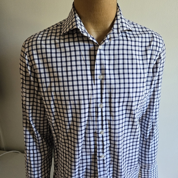 BOSTON BROTHERS White and Navy Plaid Shirt,Fabric Made in Italy - Picture 2 of 11